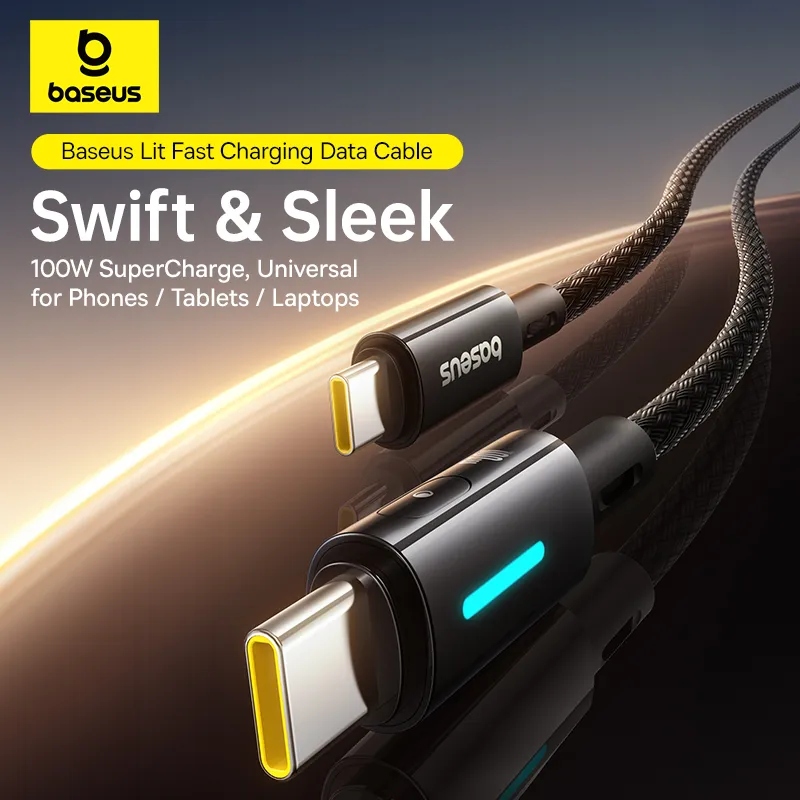 Picture of Baseus PD 100W Lit Button-Control Fast Charging Data Cable USB-C to USB-C For Macbook Iphone 15 16 Series Samsung Pixel Cosmic Black