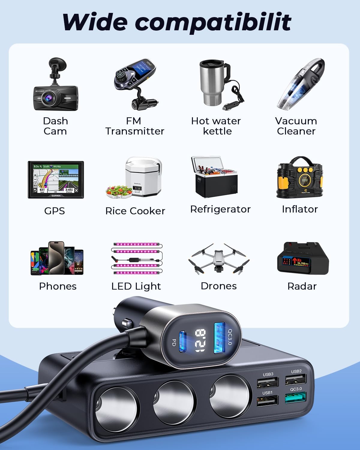 Picture of JOYROOM 210W   Adapter with PD/QC 3.0 * 2 Charge(3.3FT Cable), 12V/24V Independent Switches DC