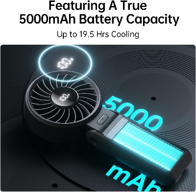 Picture of JISULIFE Handheld Fan Life7 – Ultimate Flexibility: High-Power Motor, LED Display, 19.5 Hrs Cooling, 5000mAh Rechargeable, 5-Speed, Foldable Design, 3-IN-1 Portable Fan