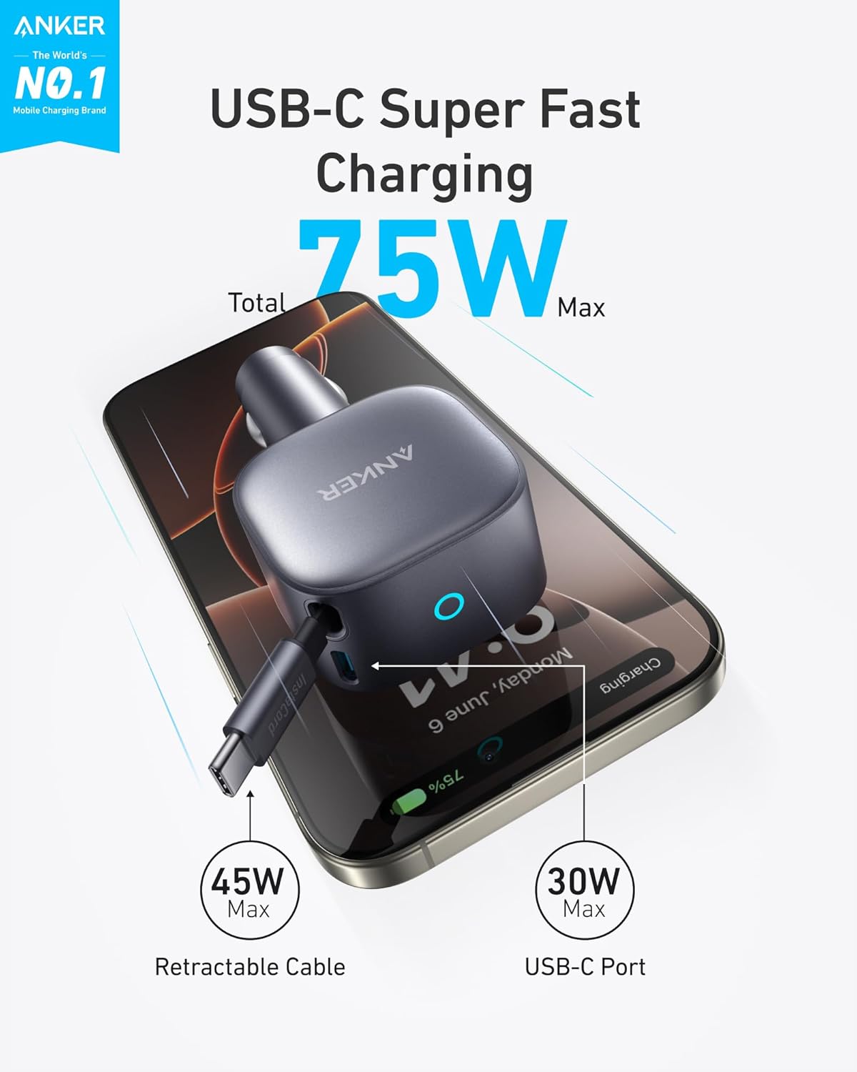 Picture of Anker Nano 75W USB-C Car Charger with Built-in Retractable USB-C Cable (A2738)