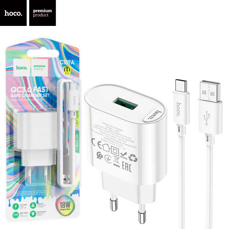 Picture of Hoco C109A 18W Single Port QC3.0 Fast Charging Wall Charger with USB C Cable - EU Plug