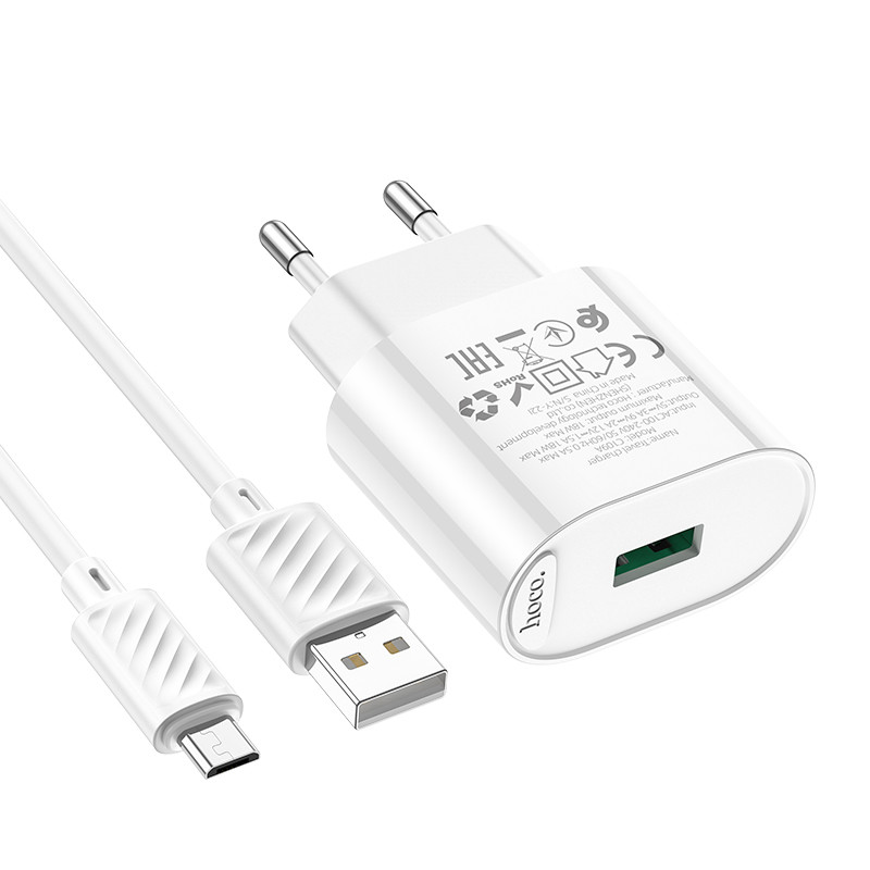 Picture of Hoco C109A 18W Single Port QC3.0 Fast Charging Wall Charger with USB C Cable - EU Plug