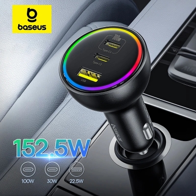 Picture of Baseus  152.5W USB C Car Charger Super Fast Charging 3 Ports Car Charger, PD3.0 QC4.0 Ultra Compact RGB Fast Type C Car PhoneCharger Adapter