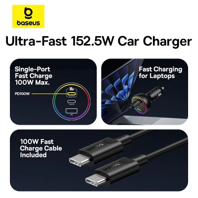 Picture of Baseus  152.5W USB C Car Charger Super Fast Charging 3 Ports Car Charger, PD3.0 QC4.0 Ultra Compact RGB Fast Type C Car PhoneCharger Adapter