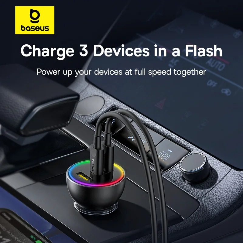 Picture of Baseus  152.5W USB C Car Charger Super Fast Charging 3 Ports Car Charger, PD3.0 QC4.0 Ultra Compact RGB Fast Type C Car PhoneCharger Adapter