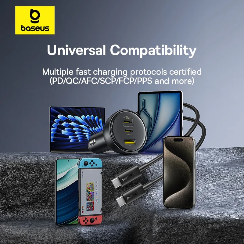 Picture of Baseus  152.5W USB C Car Charger Super Fast Charging 3 Ports Car Charger, PD3.0 QC4.0 Ultra Compact RGB Fast Type C Car PhoneCharger Adapter