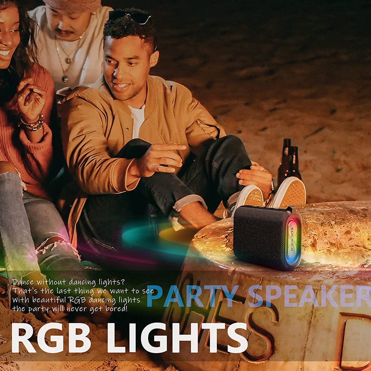 Picture of Koleer Speakers Bluetooth Wireless IPX7 Waterproof Portable Bluetooth Speaker with Lights 10W Clear Stereo 30H Playtime Bluetooth5.0 TWS Pairing FM/AUX/USB/TF for Party Outdoor