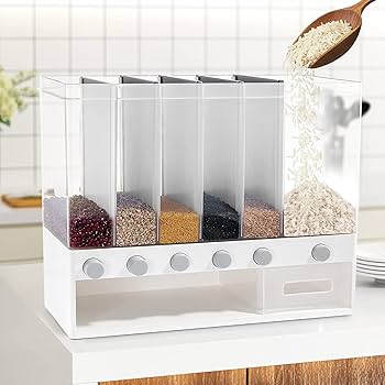 Picture of Rice Dispenser Large 6 Grid 10L Rice Wall Mounted Grain Container Storage Cereal Dispenser Pressed Sealed Dry Food Soybean Corn Storage Bin for Home Kitchen