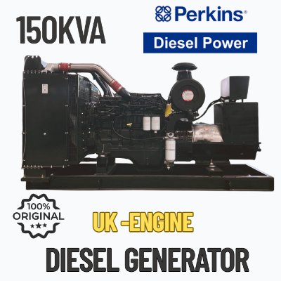 Perkins 150 kVA diesel generator with UK engine and Stamford alternator, water-cooled and soundproof canopy design – ideal for industrial backup power.