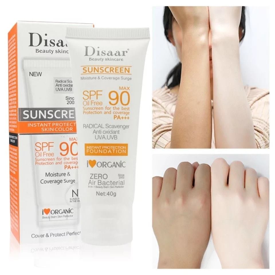 Picture of Disaar Sunscreen SPF 90 Instant Protection UVA UVB Foundation PA+++ Oil Free Sunblock Cover Protect Perfectly Moisturizing Coverage Surge 40g