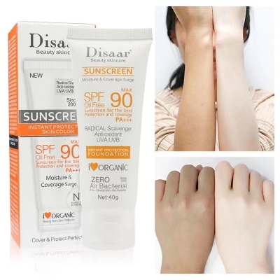 Picture of Disaar Sunscreen SPF 90 Instant Protection UVA UVB Foundation PA+++ Oil Free Sunblock Cover Protect Perfectly Moisturizing Coverage Surge 40g