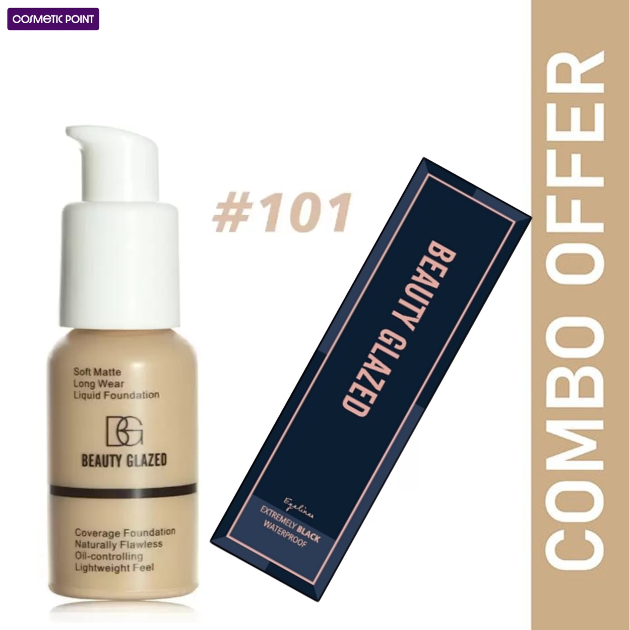 Picture of Beauty Glazed Soft Matte Water Proof Liquid Foundation Shade 101 (30ml) and Beauty Glazed Extremely Black Waterproof Eyeliner B68 (1g)