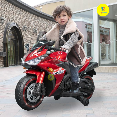 Picture of TAMCO Kids Electric Ride-On Motorcycle N 888P– Battery Powered Motorbike with Training Wheels, Hand Speed Control, Music Function – Red & blue