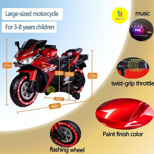 Picture of TAMCO Kids Electric Ride-On Motorcycle N 888P– Battery Powered Motorbike with Training Wheels, Hand Speed Control, Music Function – Red & blue