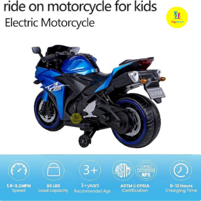 Picture of TAMCO Kids Electric Ride-On Motorcycle N 888P– Battery Powered Motorbike with Training Wheels, Hand Speed Control, Music Function – Red & blue