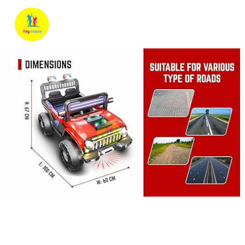 Picture of Cockatoo KX-Thar Electric Ride-On Jeep for Kids – 12V Dual Motor, 6V Double Battery, Remote Control, Bluetooth Music, LED Headlights, Big Wheels – Red SUV Car