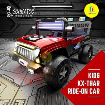 Picture of Cockatoo KX-Thar Electric Ride-On Jeep for Kids – 12V Dual Motor, 6V Double Battery, Remote Control, Bluetooth Music, LED Headlights, Big Wheels – Red SUV Car