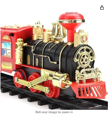Picture of JAYU Choo Choo Classical Train Set - Electric Train Toy for Boys Girls Smokes, Lights & Sound, Railway Kits w/Steam Locomotive Engine, Cargo Cars