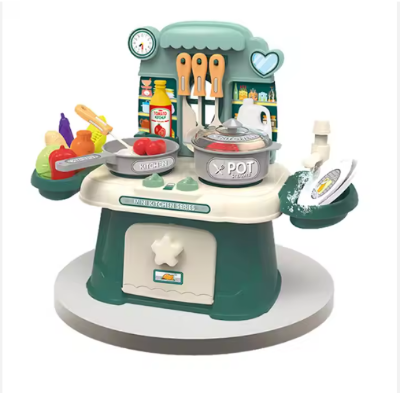 Picture of A children's play kitchen with a sink with running water and dishes and a steam stove