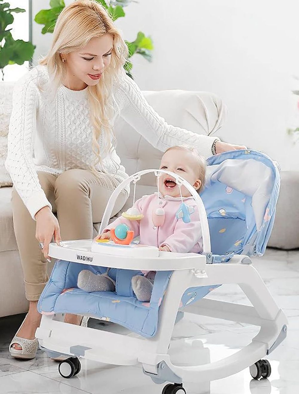 Picture of 0-36 Months Infants 5 in 1 Cradling, Newborn Bouncer Without Batteries, Adjustable Angle Baby Rocking Chair, Bassinet with Wheels and Music Box, Baby Seat with Padded,Blue