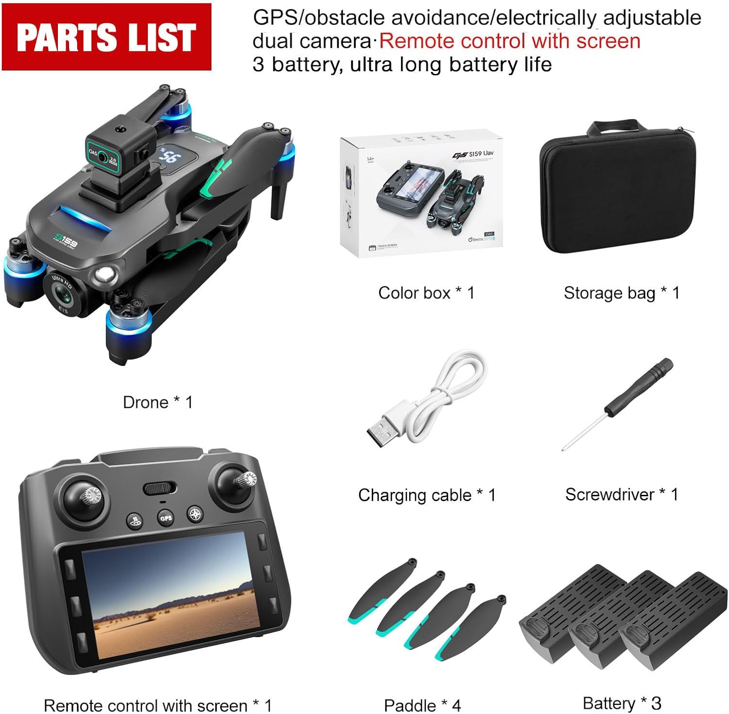 Picture of S159 Drone G.P.S 5G Screen Remote Control 4K Dual Camera 360° Obstacle Avoidance with Built-in 5 inch Remote Display