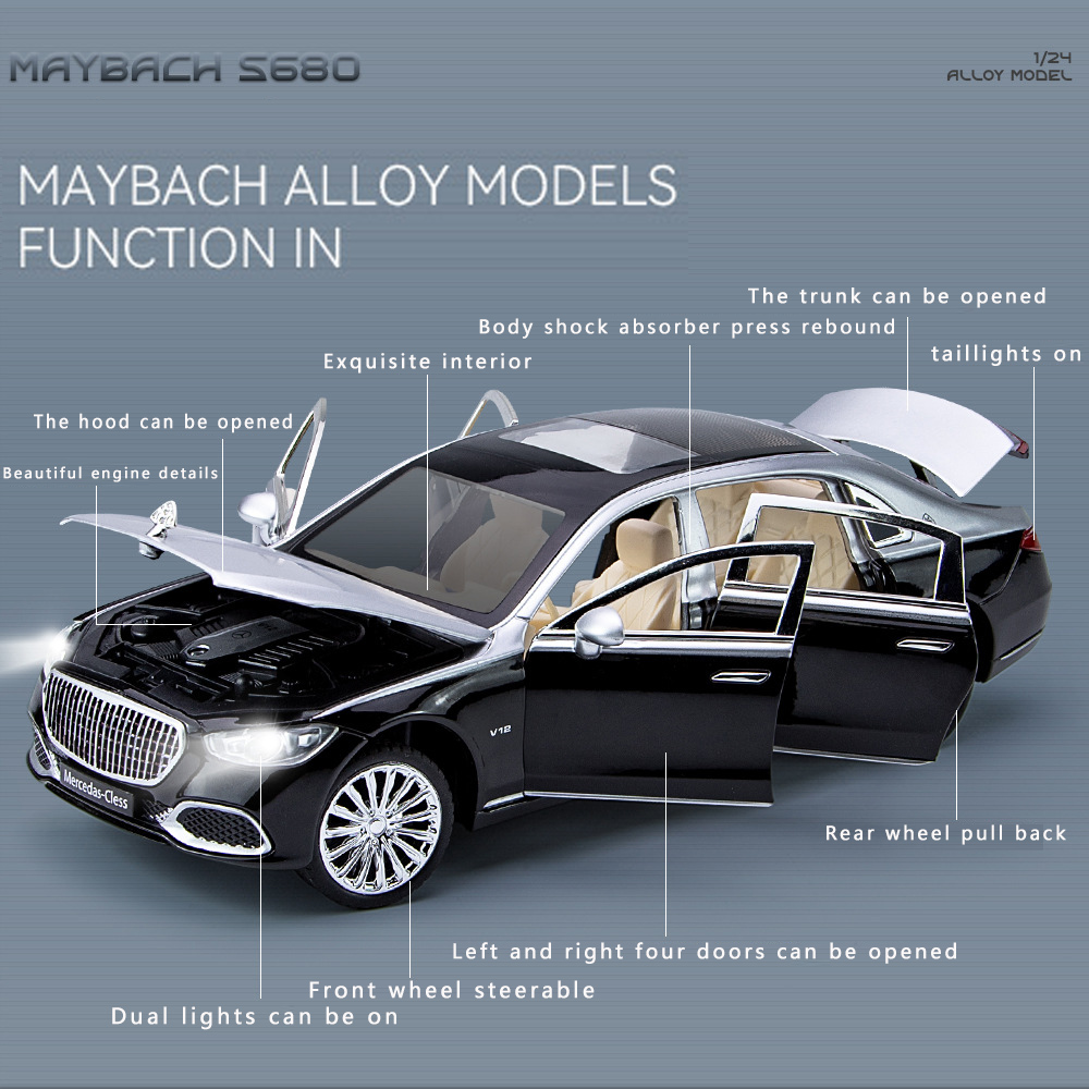 Picture of 1:24 Mercedes Maybach S680 Diecast Alloy Car Luxurious Simulation Toy Vehicles Metal Car 6 Doors Open Model Car Sound Light Toys For Gift