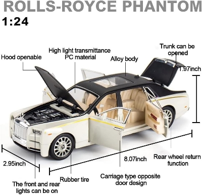 Picture of 1/24 Rolls-Royce Phantom Model Car,Zinc Alloy Pull Back Toy car with Sound and Light for Kids Boy Girl Gift.(Silver Black)