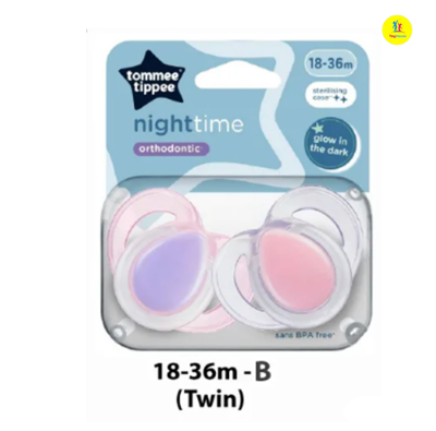 Picture of Tommee Tippee Night Time Soother Glow in The Dark Soothers with Reusable Steriliser Pod, Assorted Colours 6-18 Months, Set of 2