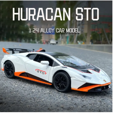 Picture of Scale Finished Model Car 1:24 for Lamborghini Huracan STO Simulation Alloy Sports Car Model Die-Cast Pull Back Vehicle Gift Miniature Replica Car(Blue)