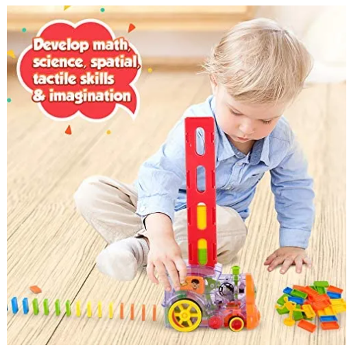 Picture of Domino Train Toy Set Rally Electric Train Model with 80 Pcs Colorful Domino Building Blocks Car Truck Vehicle Stacking