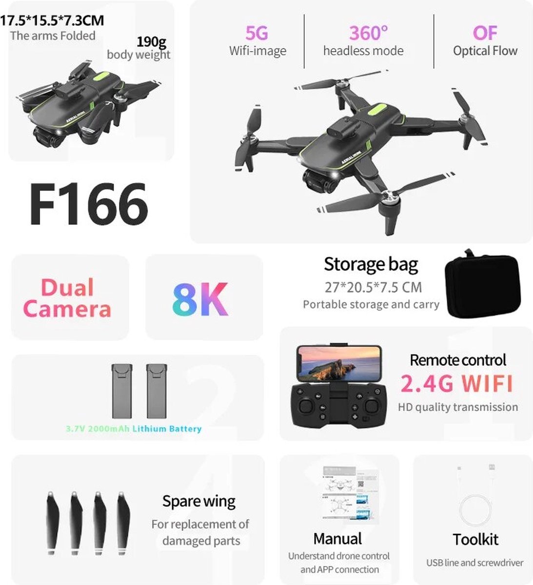 Picture of F166 Brushless motor, Dual Camera Dual Battery Sensor Drone, With 1800mah Double Battery.