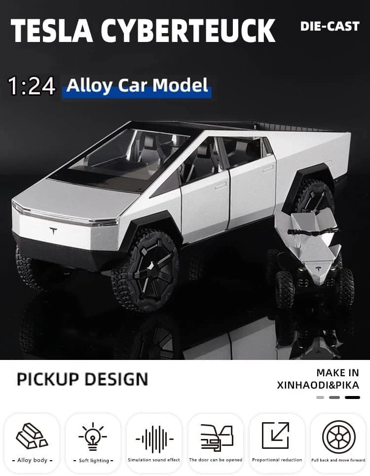 Picture of 1:24 Scale Tesla Cyberpunk Pickup Truck Alloy Model Toys Simulation Vehicle Sound And Light Pull Back Collection Boys Decoration