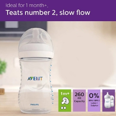 Picture of Avent Natural Bottle | Ideal for 1 Month+ | Slow Flow | BPA Free | 260ml | Pack of 2 | SCF033/20