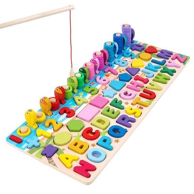 Picture of 6 in 1 Multifunctional logarithmic Fishing Game Montessori Kids Educational Wooden Puzzle Games Count Numbers Matching Board