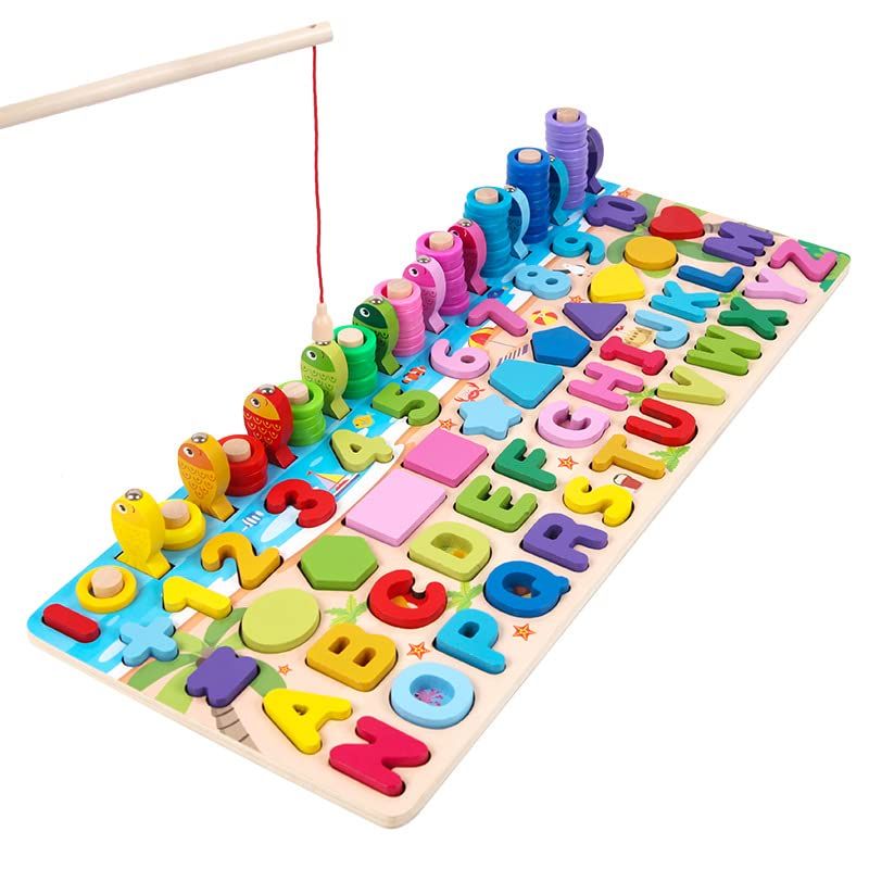 Picture of 6 in 1 Multifunctional logarithmic Fishing Game Montessori Kids Educational Wooden Puzzle Games Count Numbers Matching Board