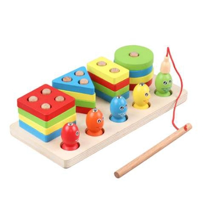 Picture of Fishing Game Geometry and Color Learning Five Sets of Columns Wooden Toys for Children Building Toy Baby Education Puzzle Board