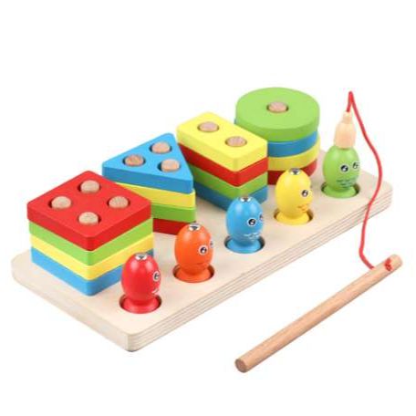 Picture of Fishing Game Geometry and Color Learning Five Sets of Columns Wooden Toys for Children Building Toy Baby Education Puzzle Board