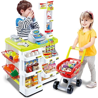Picture of Kids Supermarket Playset with Toy Shopping Cart, Toy Cash Register, Checkout Counter, Working Scanner, Play Money, 23 Play Food for Baby Pretend Play