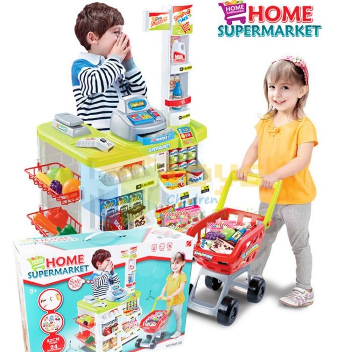 Picture of Kids Supermarket Playset with Toy Shopping Cart, Toy Cash Register, Checkout Counter, Working Scanner, Play Money, 23 Play Food for Baby Pretend Play