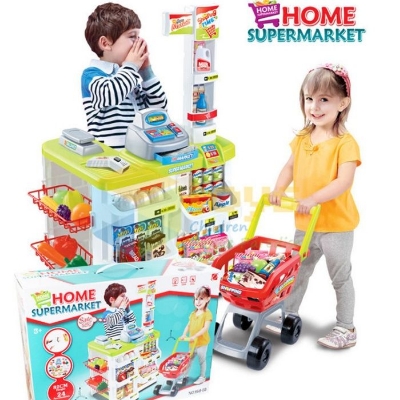 Picture of Kids Supermarket Playset with Toy Shopping Cart, Toy Cash Register, Checkout Counter, Working Scanner, Play Money, 23 Play Food for Baby Pretend Play