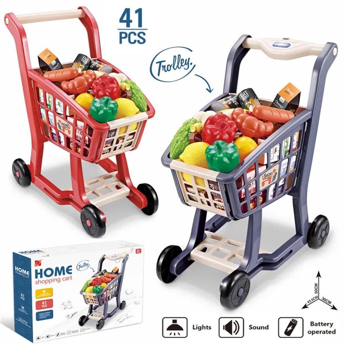 Picture of Children's Simulation Supermarket Shopping Cart Set Lighting Music  Fruit And Vegetable cart toy trolley Family Toys 2023