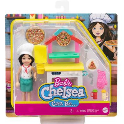 Picture of Barbie GTN63​ Chelsea Can Be Pizza Chef Playset with Brunette Chelsea Doll (6-in/15.24-cm), Pizza Oven, 2 Spice Shakers, Pizza Pan & More