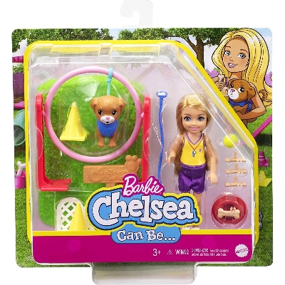 Picture of Barbie Chelsea Pet Trainer Play Set Blonde Doll (6-inch) pet and Leash, Jumping Ring, Obstacle Cones, Training Treats and More-GTN62