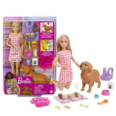 Picture of Barbie Doll and Newborn Pets Playset Doll (Blonde, 11.5 in) Mommy pet with Birthing Feature 3 Pets & Nurturing Accessories-HCK75