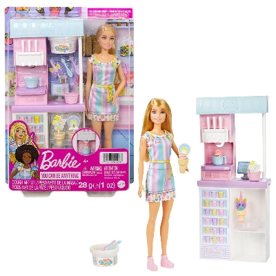 Picture of Barbie Ice Cream Playset with 12-Inch Blonde Doll Feature 2 Batter Containers 2 Bowls 2 Cones 3 Decorative Toppers 2 Scoops and Register-HCN46