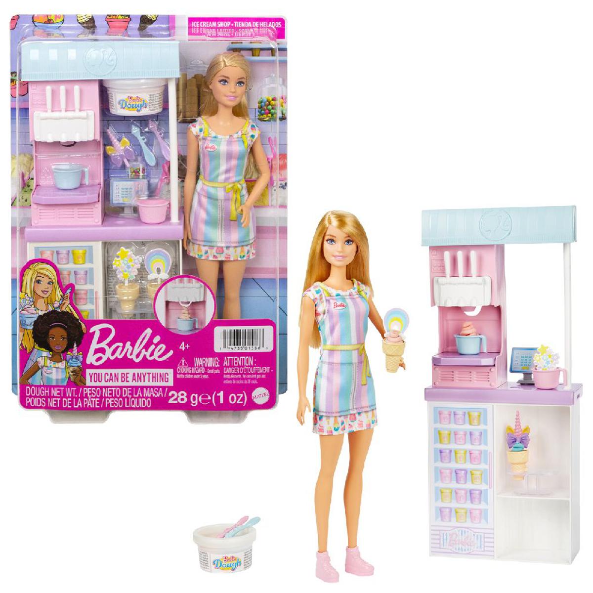 Picture of Barbie Ice Cream Playset with 12-Inch Blonde Doll Feature 2 Batter Containers 2 Bowls 2 Cones 3 Decorative Toppers 2 Scoops and Register-HCN46