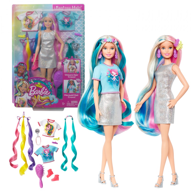 Picture of Barbie Fantasy Hair Doll Assortment Blonde with 2 Decorated Crowns 2 Tops and Accessories for Mermaid and Unicorn Looks Plus Styling Pieces for Kids-GHN04