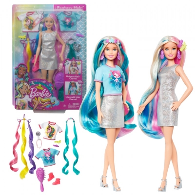 Picture of Barbie Fantasy Hair Doll Assortment Blonde with 2 Decorated Crowns 2 Tops and Accessories for Mermaid and Unicorn Looks Plus Styling Pieces for Kids-GHN04