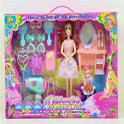 Picture of Doll 1 inch solid movable joint fashion with small doll dressing table, dressing mirror, earrings, wand, hair dryer, luggage