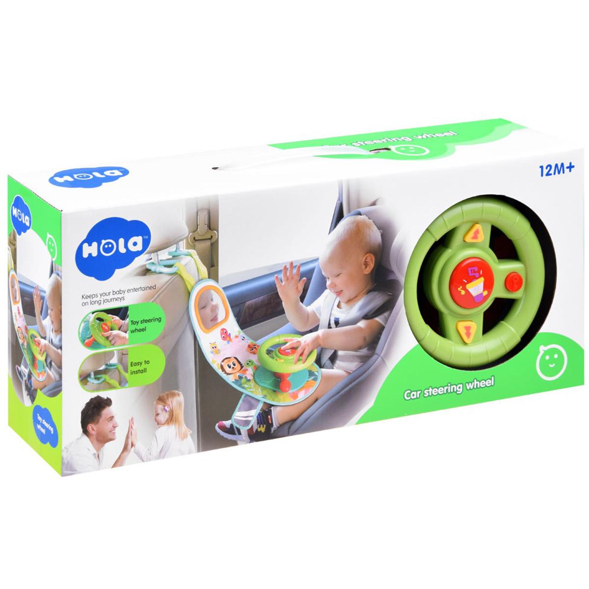 Picture of Children's interactive steering wheel on the front seat for a car with HOLA melodies